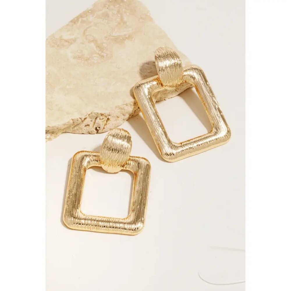 Gold Metallic Textured Square Door Knocker Earrings